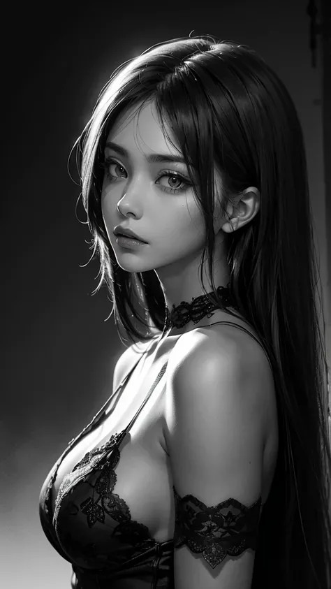  The fickleness of a woman with dark aesthetics， emphasizes complex upward flowing hair ，Mysterious atmosphere， Unique deep eyes ，Dark gaze ， Movie Viewpoint ， Detailed grayish monochrome sketch ， Balanced dark skin ， M100 inspired style 。