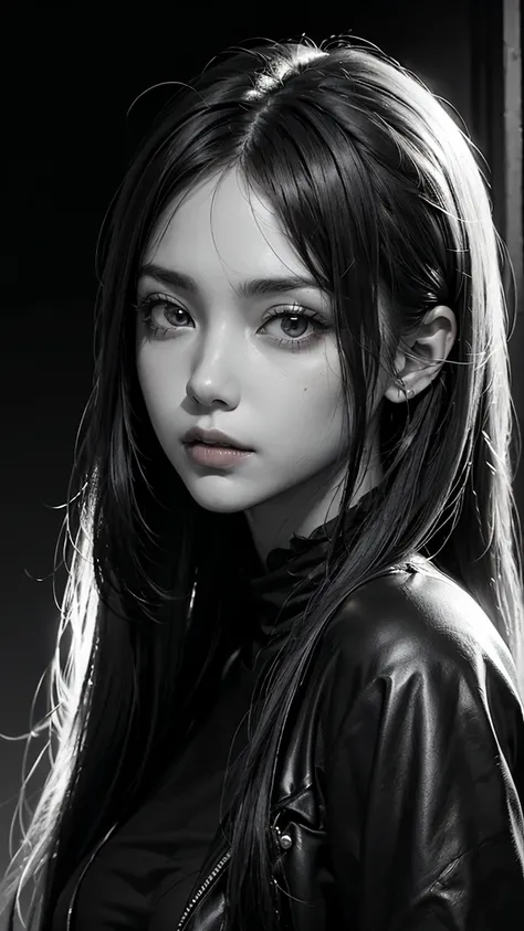  The fickleness of a woman with dark aesthetics， emphasizes complex upward flowing hair ，Mysterious atmosphere， Unique deep eyes ，Dark gaze ， Movie Viewpoint ， Detailed grayish monochrome sketch ， Balanced dark skin ， M100 inspired style 。