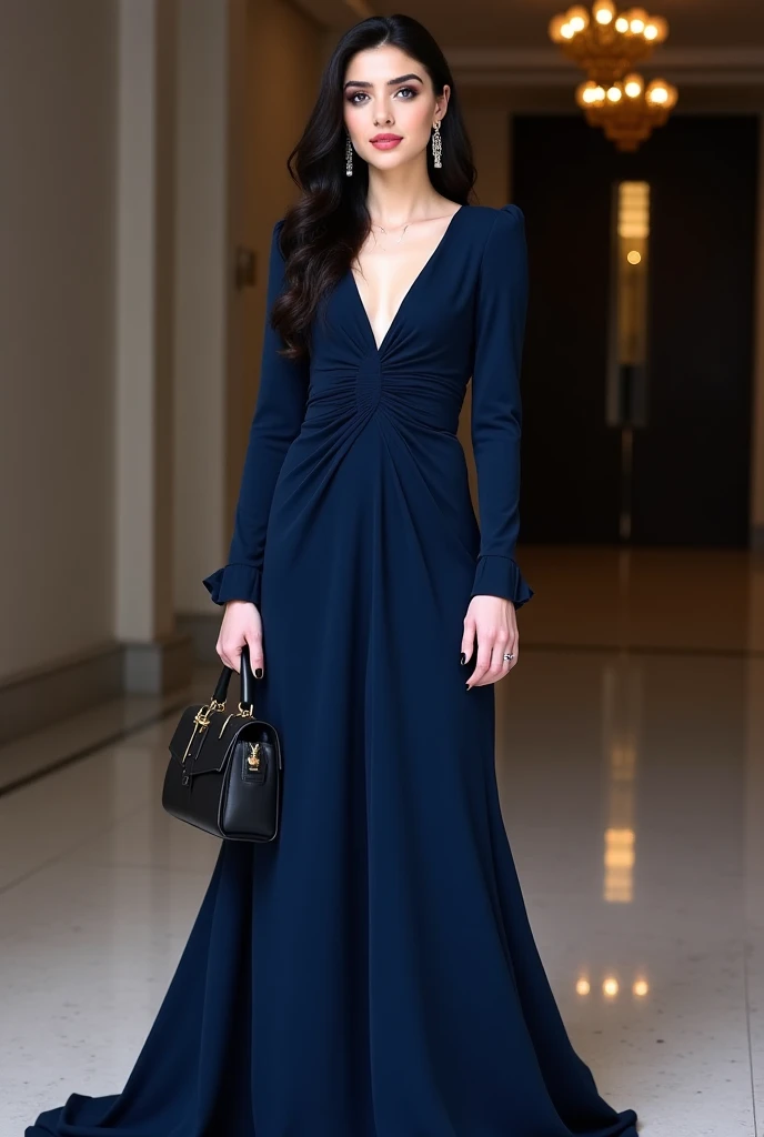 A 20-year-old Iranian girl.
In a long, formal, dark blue evening dress with long sleeves that are tucked in front.
Wavy black hair.
White skin.
Brown eyes.
Black YSL bag.
Black high heels.
Elegant accessories.