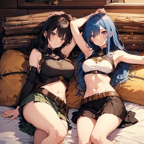 A group of  female medieval fantasy adventurers, (in bedroom), various hair styles, harem, wooden logs wall, details face, short skirt, seducing, sleeveless, armor, on bed, armpits 