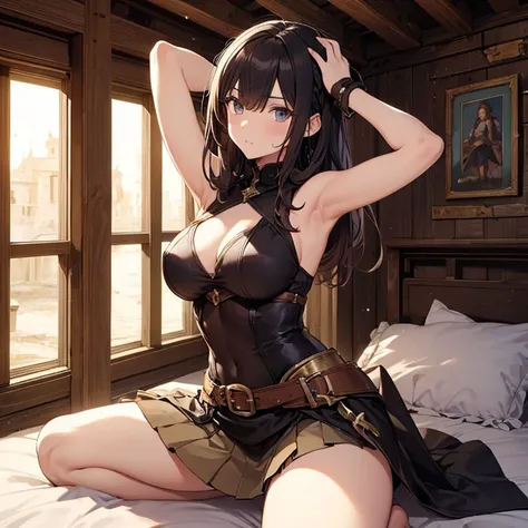 A group of  female medieval fantasy adventurers, (in bedroom), various hair styles, harem, wooden logs wall, details face, short skirt, seducing, sleeveless, armor, on bed, armpits 