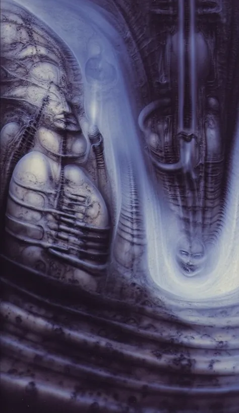 DARK BLACK COLORS, Giger_style, H. R. Giger's g1g3r, , Giger_style, The image is a detailed view of H.R. Giger's \" HRG Aleph \" plate, featuring ( The image depicts a surreal, intricate artwork featuring two humanoid figures with mechanical or industrial ...