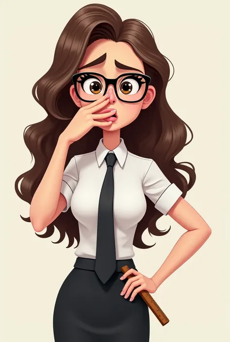   Cartoon image teacher with white blouse and black tie and short skirt,   with a ruler in hand  ,     herself wearing glasses ,   Very long wavy brown hair  ,    dark brown eyes , With his hand covering his nose with a disgusted face