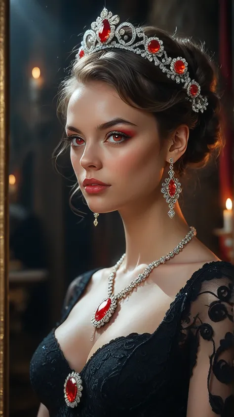 The portrait of the magnificent and powerful Queen, she has long, white, curled red eyes, and she wears her black body that emphasizes her curve. This dress is made of luxurious material, such as silk or velvet, and decorated with delicate lace and beads. ...