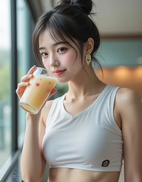 (Korean college girl with super cute big boobs is drinking a sports drink:1.2)(Happy smile:1.2)(16k,  RAW photos ,  top quality,  Masterpiece: 1.2),( cute bun hair with glossy black hair )  Super Detail,  Super Resolution, (Genuine, Genuine photos: 1.37), ...