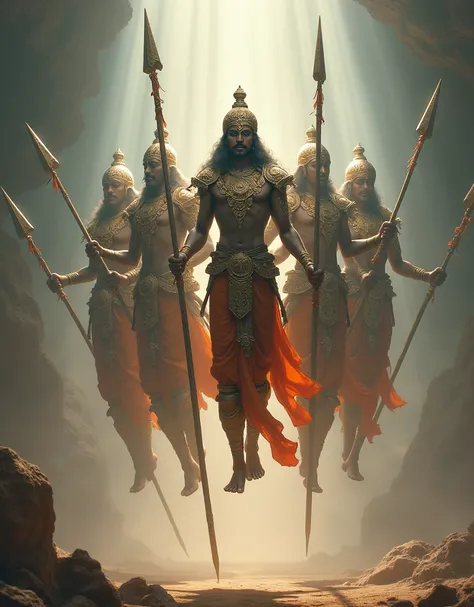 Ancient India、4 gods 々 is floating in the air、 wearing armor and helmets、 armed with spears and swords 
