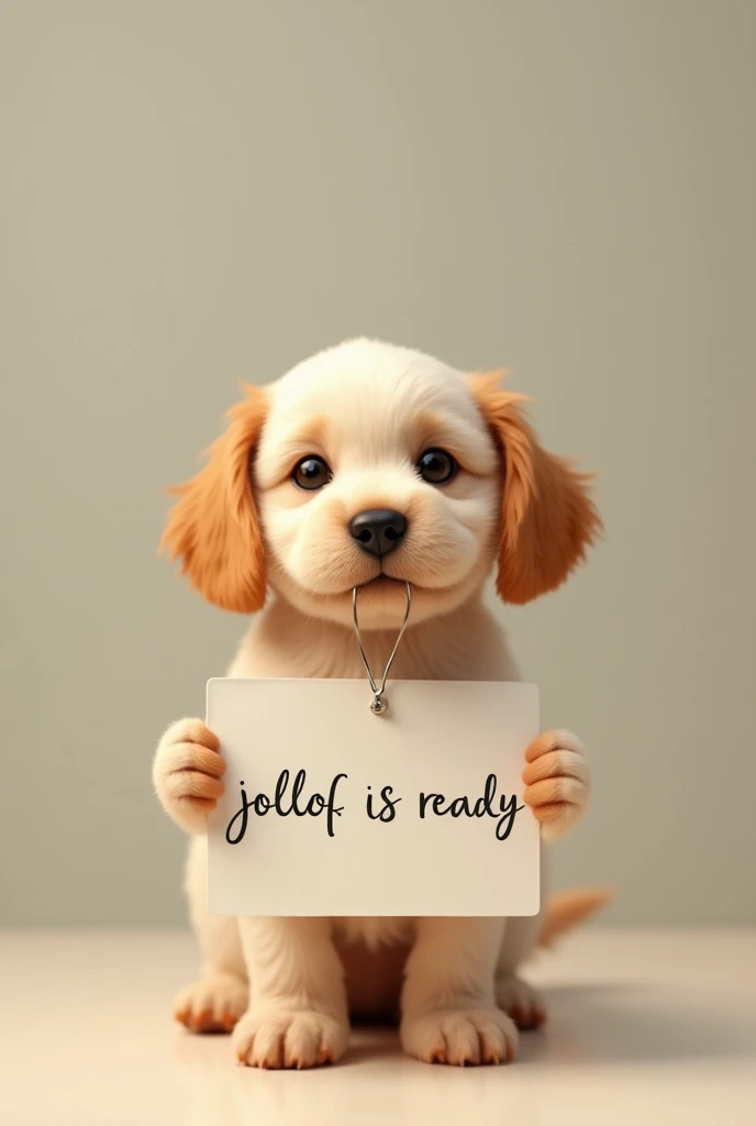 Calm attractive minimalistic
 dog holding 'jollof is ready' sign