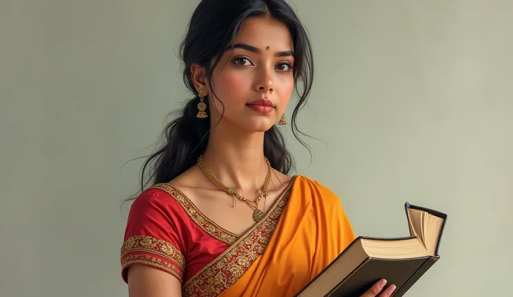 A young woman in traditional Indian attire, holding books, with an intelligent and determined expression.