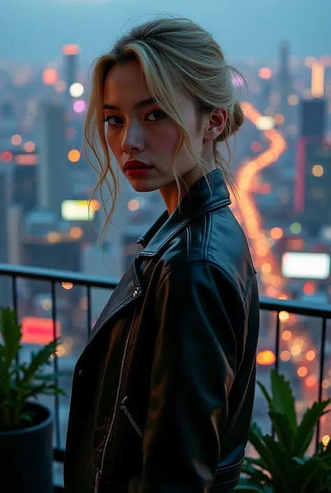 Blonde Japanese Girl in a Leather Jacket on the Balcony of the Tokyo Building 