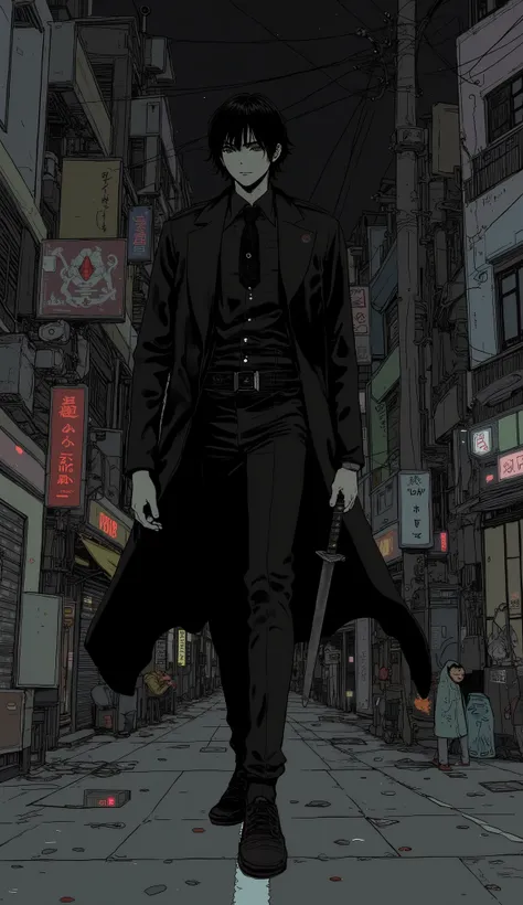  black suit 、 Japanese man、 handsome、  black hair、 short hair、Messy Hair、 downtown at night、Walk slowly while holding a Japanese sword towards a group of monsters、Back view、Listless