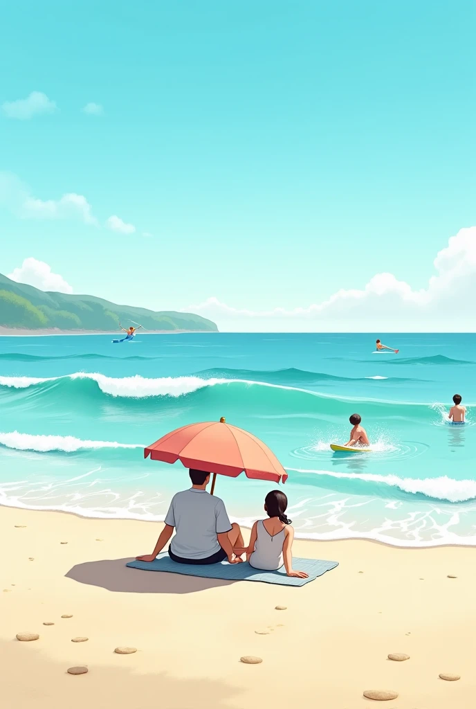 Prompts
Create an image where a man and a woman relax under an umbrella watching their ren, the  one is swimming (make the swimming obvious) and  2 is surfing