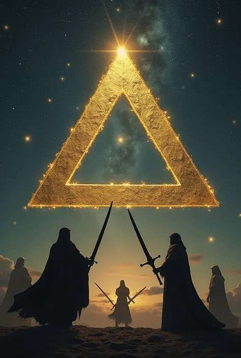 In the sky with the stars in the golden triangle with astrological signs Aquarius. Around them are the dark figures of the Nasghuls like in the "Lord of the Rings" movie pointing the black swords at the triangle.