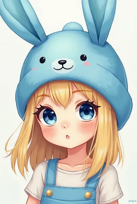 Cute light-haired girl painted with markers in a pastel blue hat with ears 