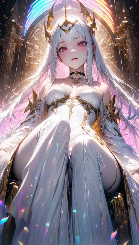 from below,  seamless image fusion , Beautiful and adorable white demon queen, A lustful and lascivious face,  cool and sadistic , Looking down with a cold gaze , compensate, Silky straight white hair, Wearing a rainbow-colored pure white long dress,  chok...