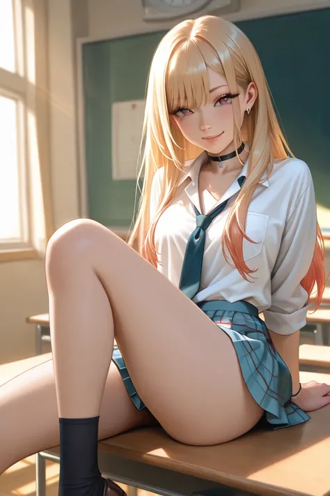 Generate Marin Kitagawa, image of a girl in classroom in schoolgirl outfit.,long hair, blonde hair, blue eyes, sitting on table, facing_viewer, looking_at_viewer,  short skirt, , young, masterpiece, high detail skin, extremely detailed, late afternoon sunl...