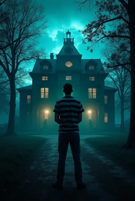 A haunted mansion lit up at night, with a hurricane standing in the foreground in a striped shirt. Dense trees and eerie shadows surround the scene, creating a mysterious and haunting atmosphere, ideal for one. Thumbnail