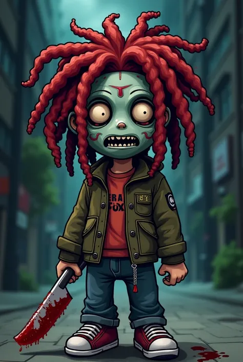 A cartoon character wearing a panic mask, large red dreads hair, and a bloody knife on a dark, gloomy street.