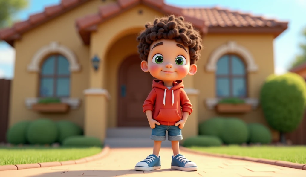 A 3D   image of A cartoon  boy (curious and brave boy with curly brown hair, bright green eyes, and freckles. He wears a red hoodie, denim shorts, and blue sneakers)is smiling and giving pose for pics in front of a house