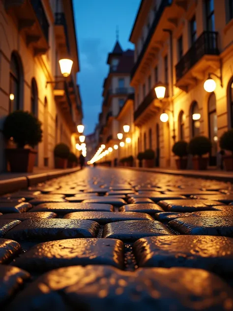 Close-up of the road, clear,  European city, night in town 