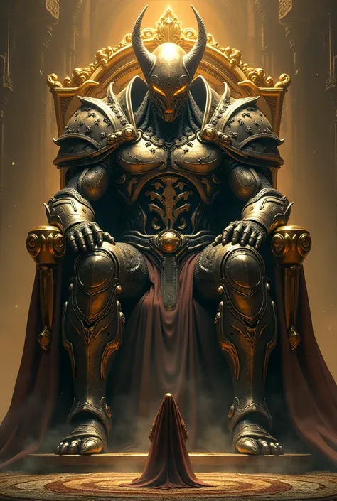 Make an alien final boss supervillain who is gigantic in size.The supervillain looking is so dangerous and he is fully armored.and he has a big mask in his face.The final boss is sitting on a big throne made of gold and diamond.A little armored aliens is k...