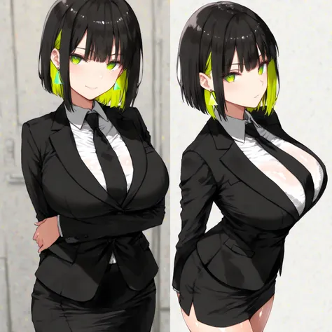 masterpiece, (((( best quality )))),character profilele,shiny skin, wearing a black suit,skirt suit, black tie , dark hair, short bob hair,The inner color of the hair is green, green eyes,isosceles triangle earrings,big breasts