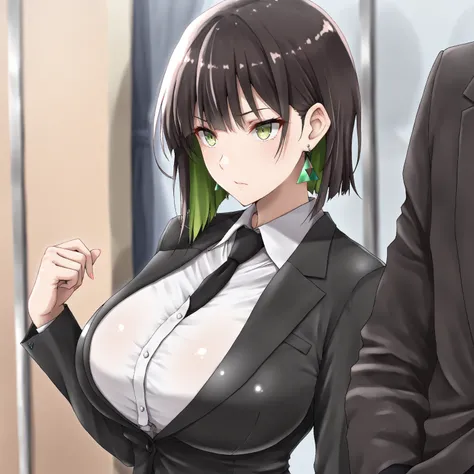 masterpiece, (((( best quality )))),,shiny skin, wearing a black suit,skirt suit, black tie , dark hair, short bob hair,The inner color of the hair is green, green eyes,isosceles triangle earrings,big breasts