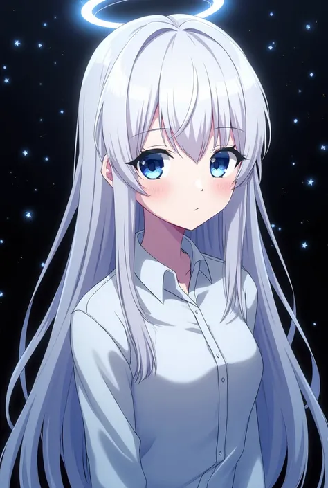 nagisa \(blue archive\), 1girl, solo, long hair_ looking_at_viewer, portrait, light_particles, white_hair, black_background, white_shirt, parted_lips, collared_shirt
halo. gorgeous,key visual, vibrant, studio anime,award-winning, professional, highly detai...