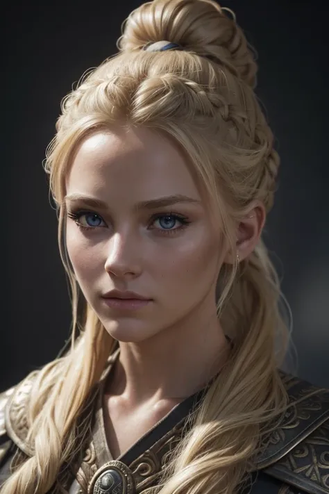 an eye contact of a blond woman with bun hair, viking themed, hyper realistic, realistic lighting, 8k, detailed face, extremely detailed eyes, beautiful detailed lips, breathtaking, cinematic, dramatic, atmospheric, volumetric lighting, chiaroscuro, photor...