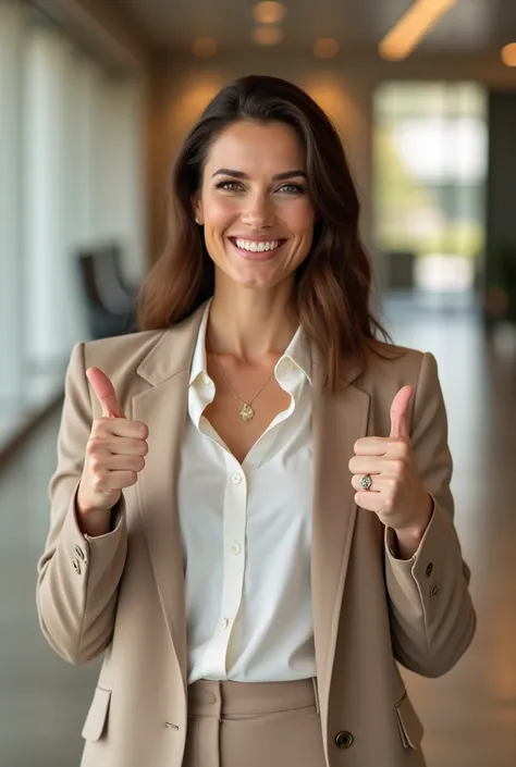 femme, agent immobilier, 4K, réaliste, debout, plan torse, souriant, qui fait un pouce