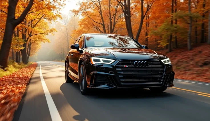 **Prompt:**  

*"high-resolution, photorealistic images of the 2025 Audi A3 in a bold midnight black finish, speeding through a scenic autumn countryside road. The car is in motion, with dynamic motion blur on the road and wheels to highlight its agility. ...