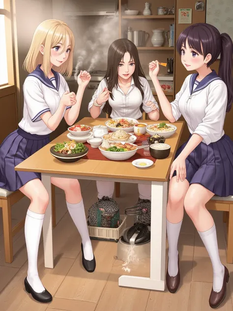   Adult Girls 、 white high socks、full body
uniforms、 skirt、 dining-kitchen 、
 table、Japanese food
Sit on a chair