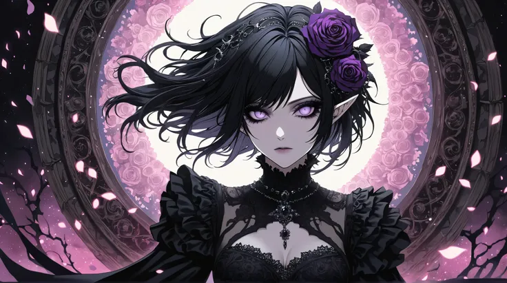 anime Elf girl, black hair, gothic style, roses in hair,dark black eyelashes ,pale eyes, digital illustration, comic style, gothic renaissance, centered, approaching perfection, dynamic, highly detailed, masterpiece, glitter , well lit,  pastel goth