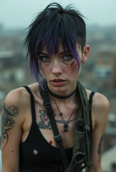 young woman, lisbeth salander from Girl With the Dragon Tattoo casting Rooney Mara, wearing a black under cut hairstyle combined with light purple, lots of black piercings on her face and ears, wearing a torn black crop top tank, skinny, slender, dirty fac...