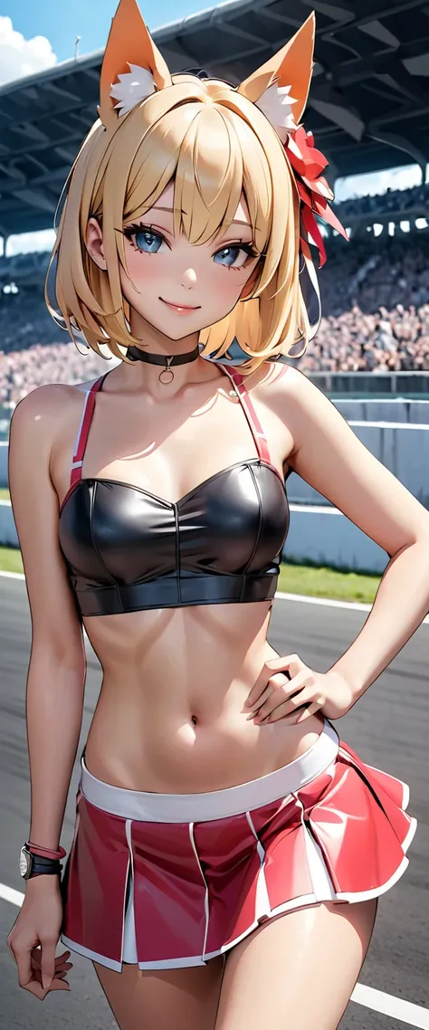   top quality,   super high resolution, (  is present:1.4), 1 person,    small breasts,    black choker under the chest , smile,   mechanical fox ears showing shoulders ,  Just concentrate ,   watch viewers , white skin, race track ,  photon mapping ,   ph...