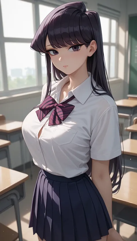 masterpiece,best quality,newest,absurdres,highres,komi_shouko,1girl, black eyes, purple eyes, long hair, black hair, large breasts, school uniform, school uniform