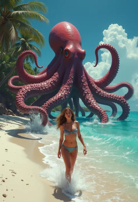 prehistoric sized octopus dragging a beautiful bikini model off the beach into the ocean, hyper realistic, high res, epic detail, cinema photography, horror novel illustration