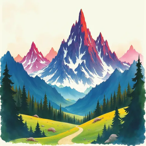 A whimsical majestic mountain range painted in watercolor with loose, expressive brush strokes, capturing the vibrant colors, playful shapes, and imaginative details in the style of Saul Bass, creating an atmosphere of joy, wonder, and excitement.