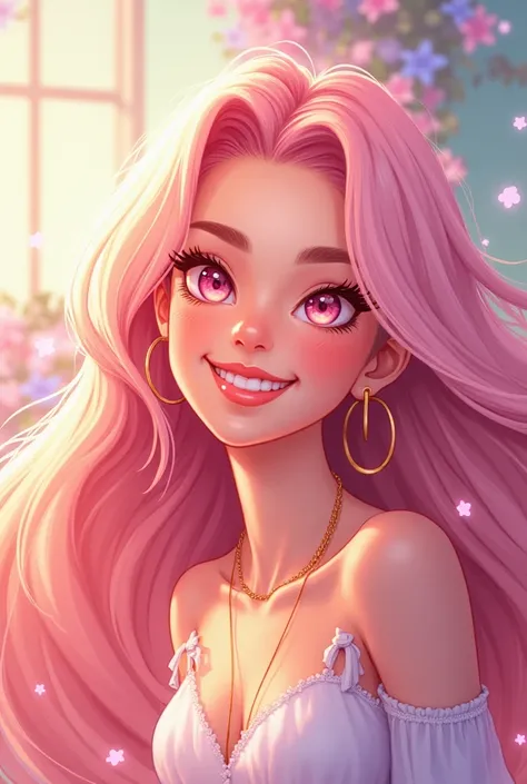 A webtoon about a young, smiling, and pretty adult girl with long, light pink hair and light pink eyes