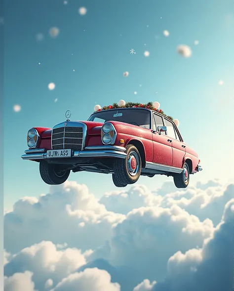 an old mercedes benz c class, christmas car stunt for game in sky