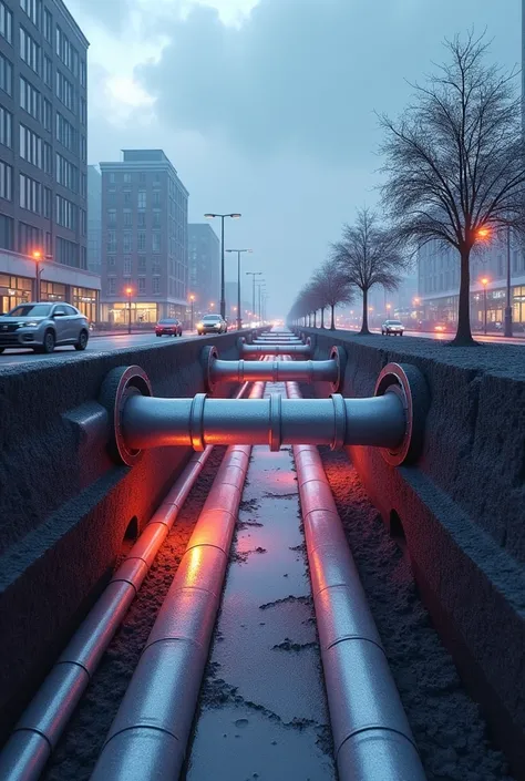 1.  technologies of the future :  underground heating networks
Promt :
" Create an image of underground heating networks in a section ,  context with details of ,  insulation pipes and .  Visualize modern technologies ,  such as smart sensors and monitorin...