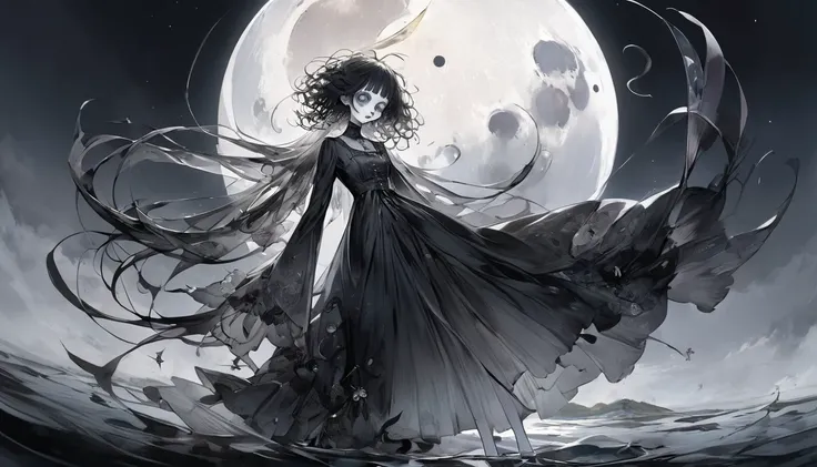    Tim Burton's style、 transparent moon, Strange person,