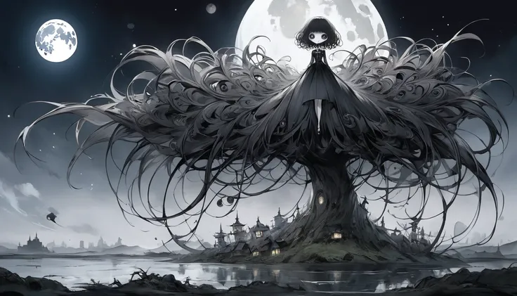    Tim Burton's style、 transparent moon, Strange person,