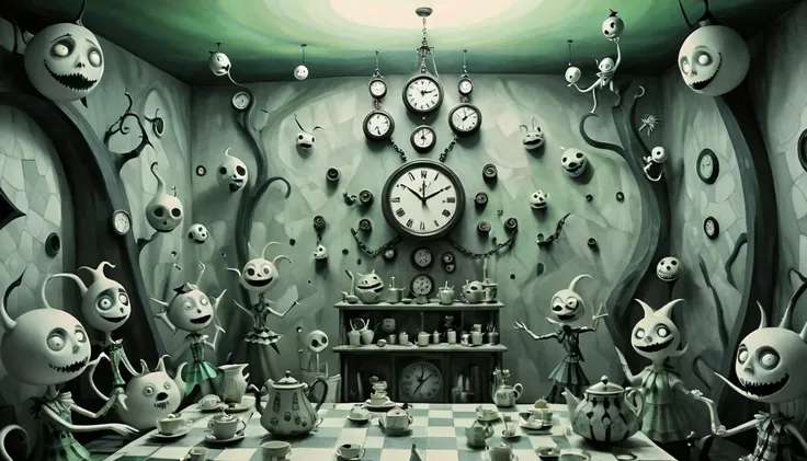  black and white (Pencil sketch:1.1), Tim Burton style の館の迷宮のような廊下の中で,  have a clock with faces and hands hanging on the wall ,  each depicts a different time period in a surreal world . Eccentric residents unfold like ,  wear dazzling geometric costumes ,...