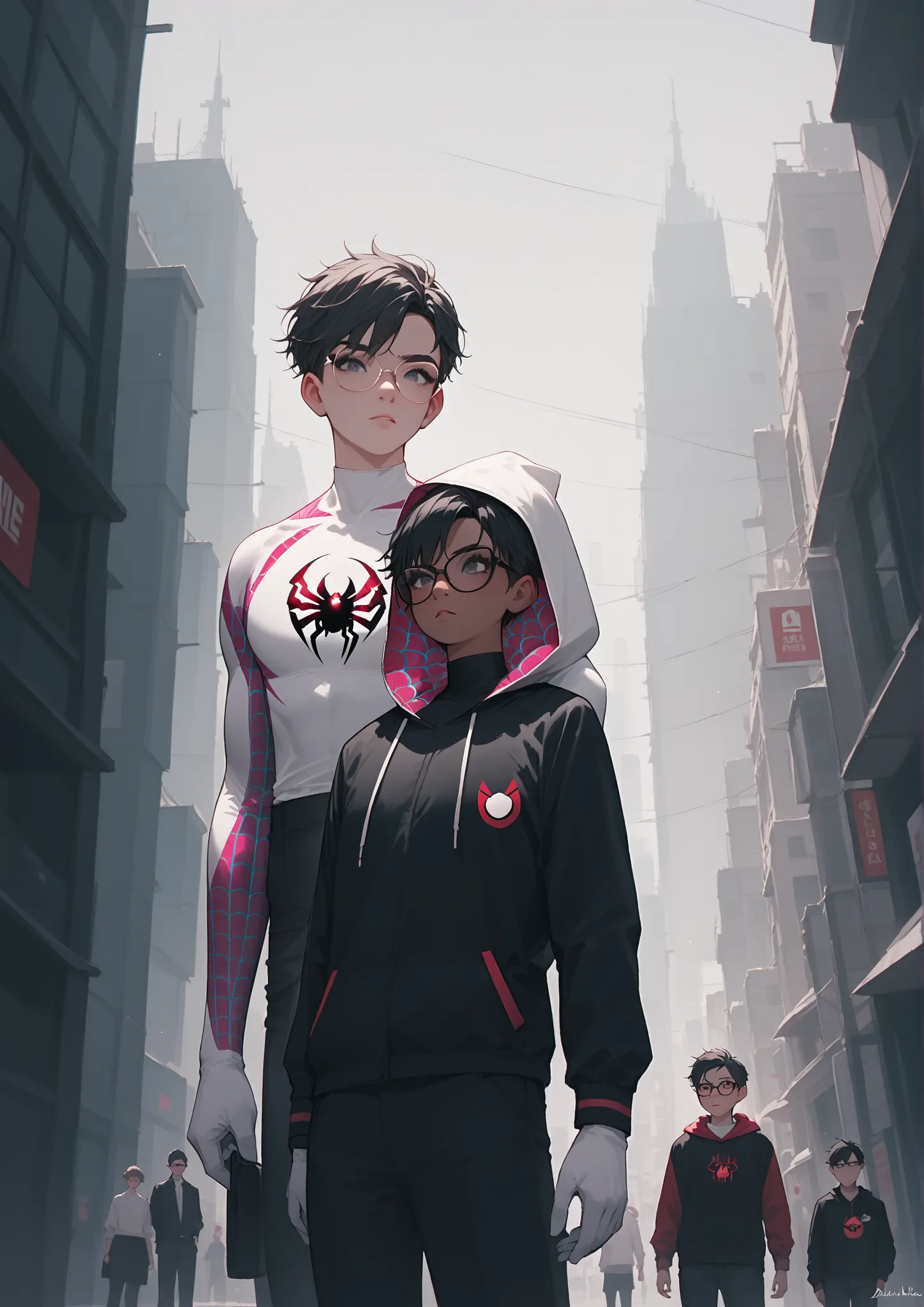 (score_9, score_8_up, score_7_up), 1girl, spider gwen, eyeglasses, black hair, bangs, black eyes, eyeglasses, hood, white-pink costume, slim, standing, white gloves, 1boy, spiderman, miles morales, dark tone skin, straight hair, short hair, black costume, ...