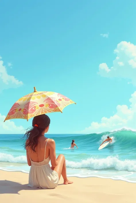 Create an image where a woman relax under an umbrella watching the beach, another person is swimming like a professional , and another one is surfing. Don't put anyone else.