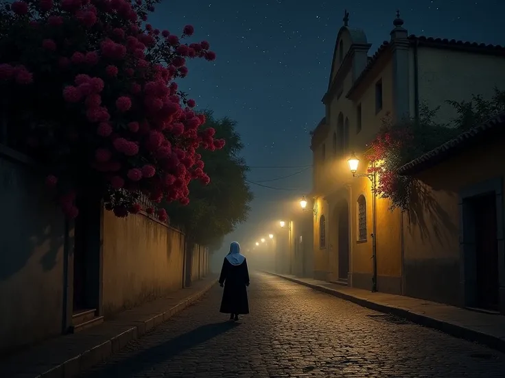 Street with stone pavement, with a Portuguese colonial-style church, On the right side. On the left side there is a mud wall. Above the wall there is an all-flowered bougainvillea hanging out onto the street. The sky is black ,  dark and starry. The street...