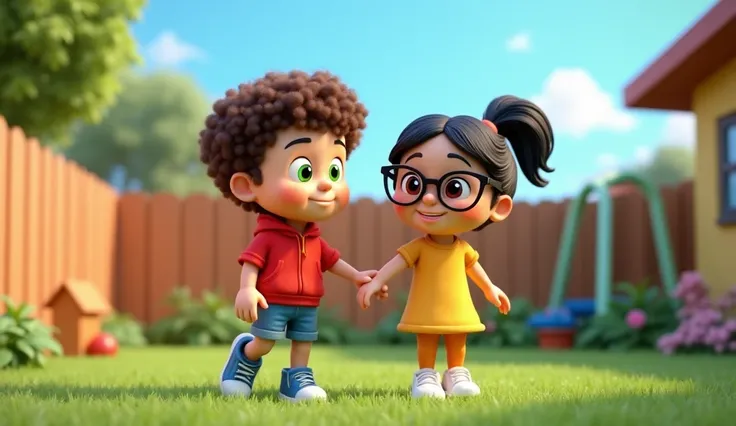 A 3D   image of A cartoon  boy (curious and brave boy with curly brown hair, bright green eyes, and freckles. He wears a red hoodie, denim shorts, and blue sneakers)and 
A Cartoon  girl(smart and cautious girl with long black hair tied in a ponytail, deep ...