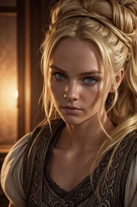 an eye contact of a blond woman with bun hair, viking themed, hyper realistic, realistic lighting, 8k, detailed face, extremely detailed eyes, beautiful detailed lips, breathtaking, cinematic, dramatic, atmospheric, volumetric lighting, chiaroscuro, photor...