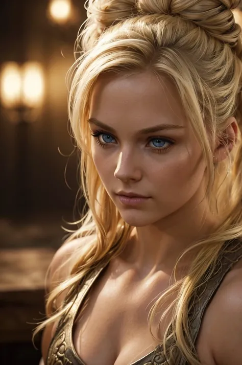 an eye contact of a blond woman with bun hair, viking themed, hyper realistic, realistic lighting, 8k, detailed face, extremely detailed eyes, beautiful detailed lips, breathtaking, cinematic, dramatic, atmospheric, volumetric lighting, chiaroscuro, photor...