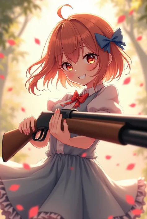 Background must contain an anime female charectar and holding M1887 or M1014 with a cute vibe. 